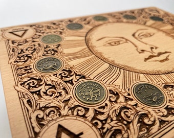 Tarot deck storage ,Alchemy symbols box engraved on wood with The Sun and zodiac inserts tarot holder , esoteric art wooden alchemy tarot