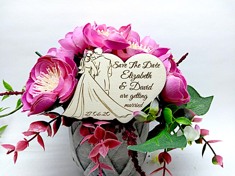 wedding heart save the date from wood SET OF 10 Save the date wooden magnetsRustic Unique and romantic with newlyweds silhouette design