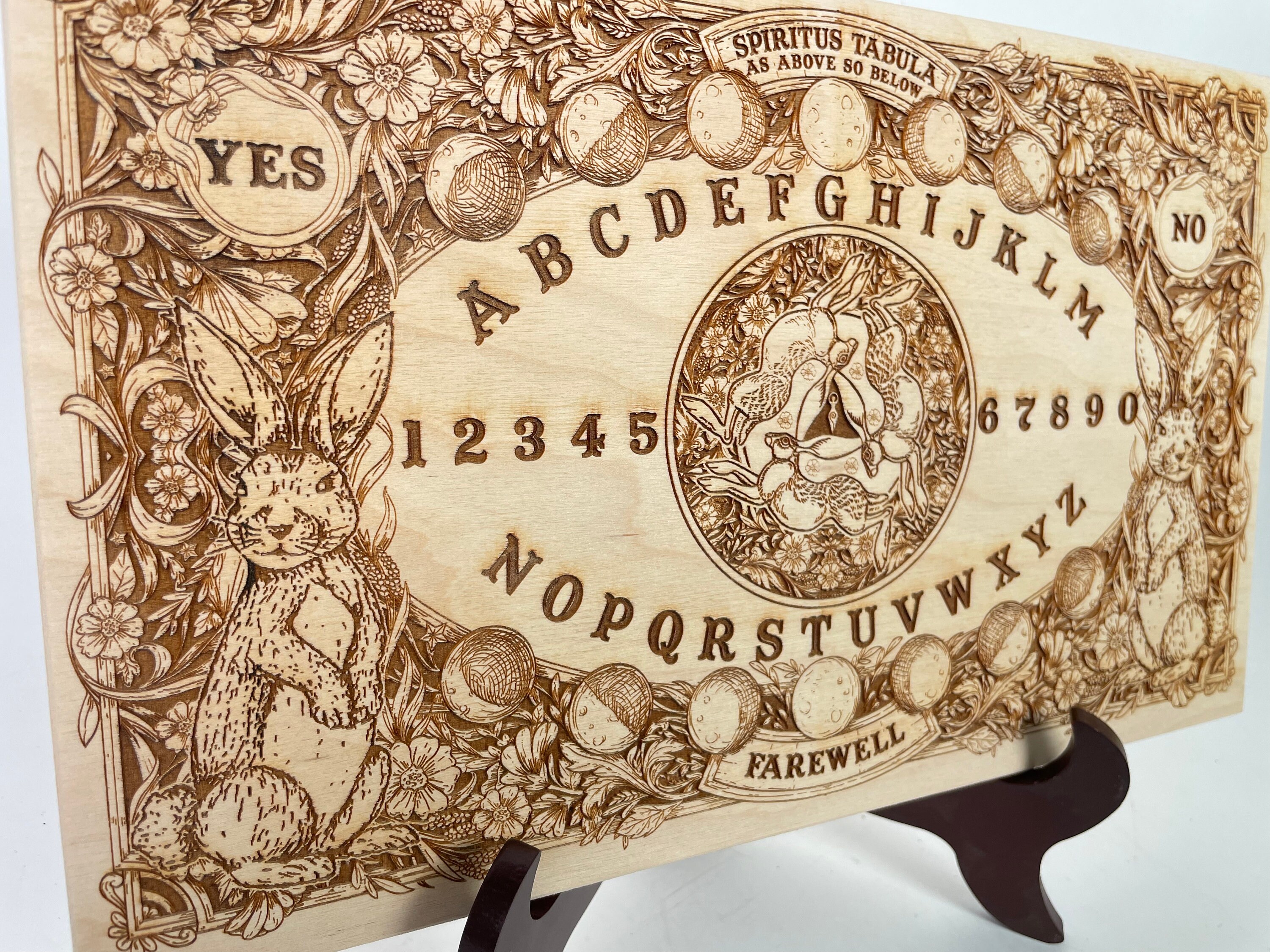 Ouija board with wiccan Ostara symbols decor, Mystical floral moon pagan spirit board with sun and moon planchette ,witchy gifts wood