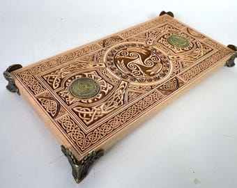 Morrigan Altar table triskelion Viking engraved, Norse wood Ritual Alter triquetra , Crystal Holder
