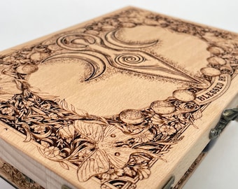 Triple Moon Goddess Altar Box • Engraved Wooden Wiccan Blessed Be Tarot Storage