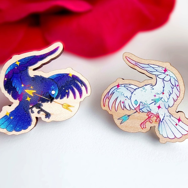 Crow Council - Wooden arrow raven/albino raven pins