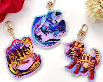 DINO FOSSILS - 3in Rainbow Dinosaur charms with fossils | Raptor/Spinosaur/Triceratops