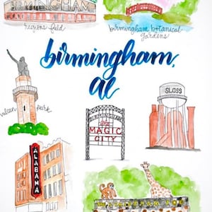 Birmingham, Alabama Landmarks 11x14 Print of Original Watercolor