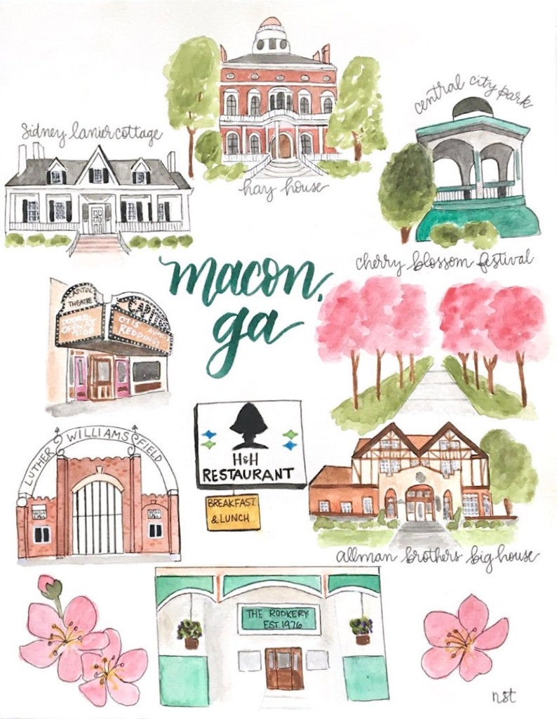 May include: A watercolor illustration of Macon, Georgia, featuring landmarks like the Hay House, Sidney Lanier Cottage, Central City Park, and the Allman Brothers Big House. The illustration also includes the text "macon, ga" and "cherry blossom festival".