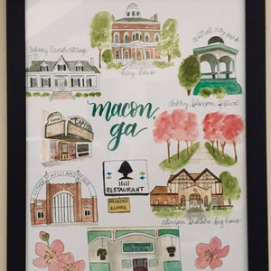 May include: Watercolor illustration of landmarks in Macon, Georgia. The illustration includes the Sidney Lanier Cottage, Hay House, Central City Park, Cherry Blossom Festival, Luther Williams Field, H&H Restaurant, Allman Brothers Big House, and The Rookery.