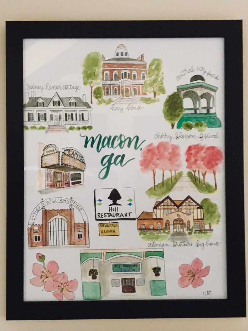 May include: Watercolor illustration of landmarks in Macon, Georgia. The illustration includes the Sidney Lanier Cottage, Hay House, Central City Park, Cherry Blossom Festival, Luther Williams Field, H&H Restaurant, Allman Brothers Big House, and The Rookery.