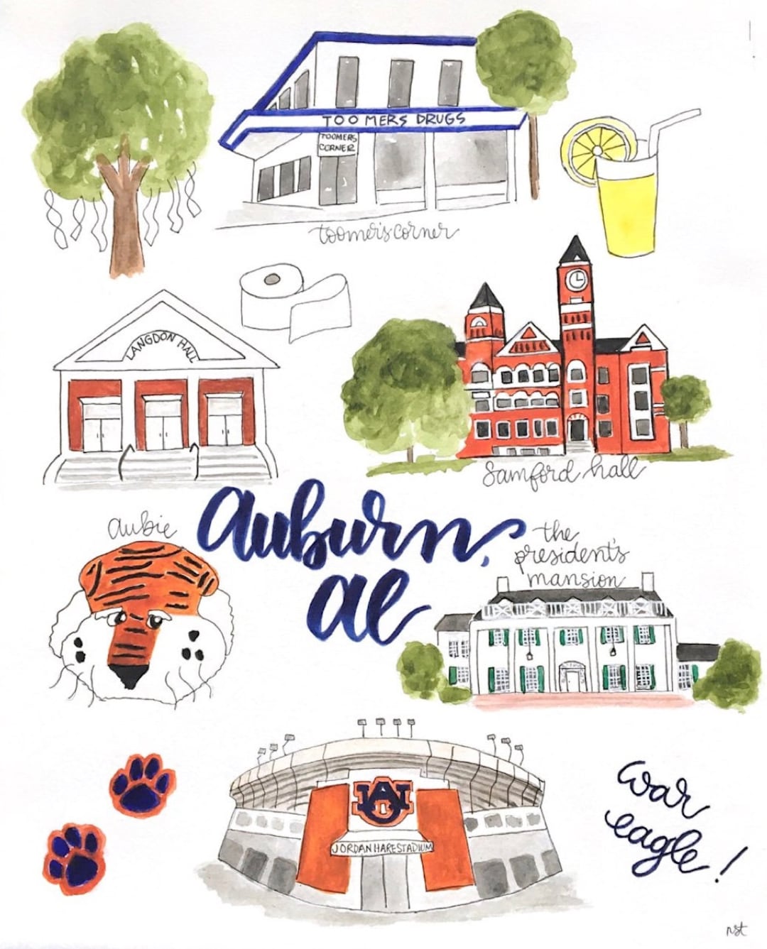 Auburn University 11x14 Print of Original Watercolor Etsy