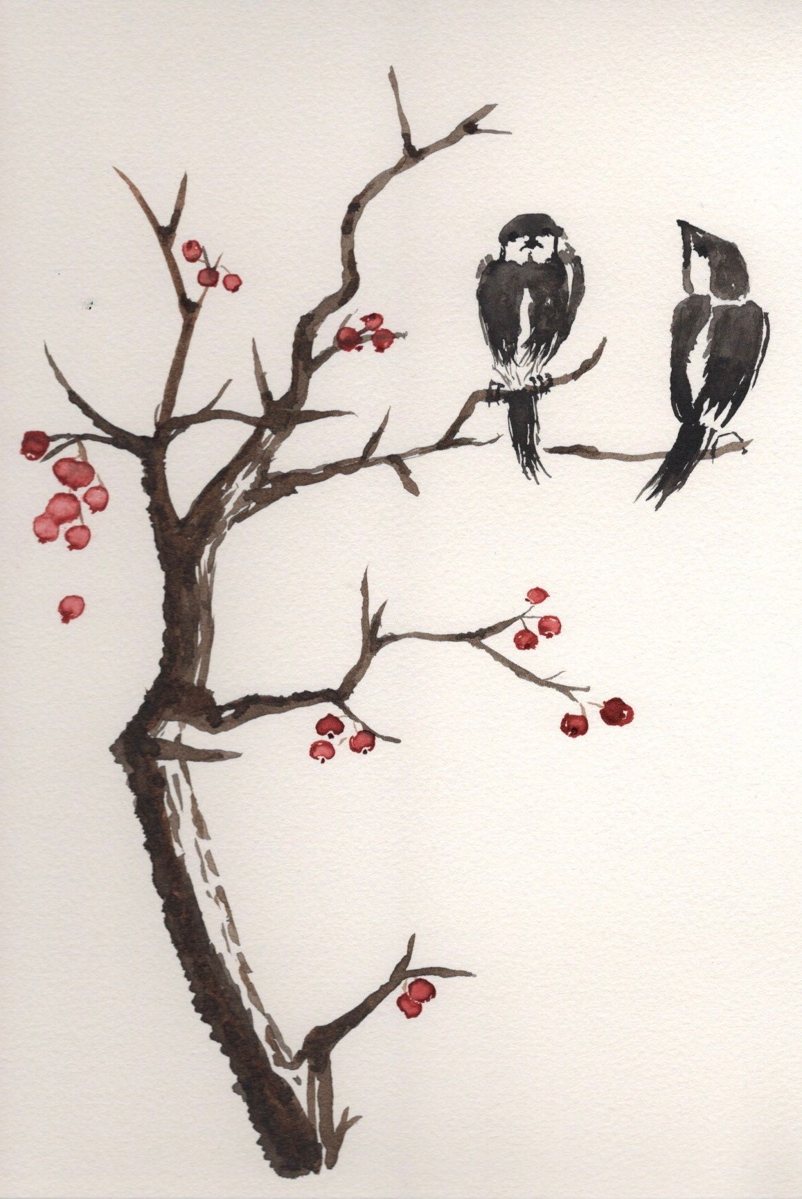 Birds on a branch Sumie style Etsy