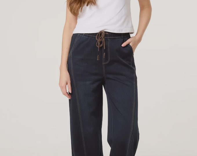 Elastic Waist Straight-Leg Trousers – Indigo