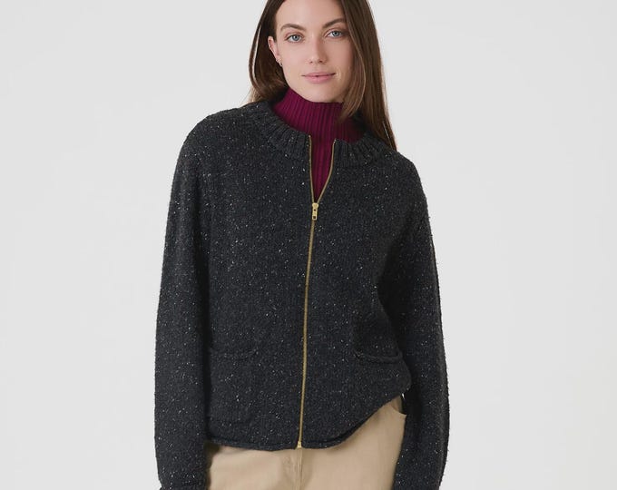 Soft Nep Boxy Zip Front Cardigan | One Size UK 10–16 | Recycled Blend Knit Jacket