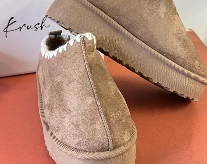 Beige Platform Slippers – Taupe Fleece Lined Slip-Ons with Stitch Detail – Sizes UK3–8