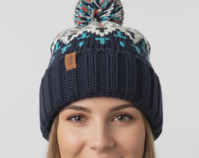 Fairisle Knit Pom Pom Beanie Hat | One Size | Winter Bobble Hat | Cosy Knit Headwear