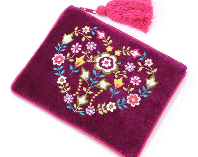 Wine velvet floral heart embroidered zip purse - Gift