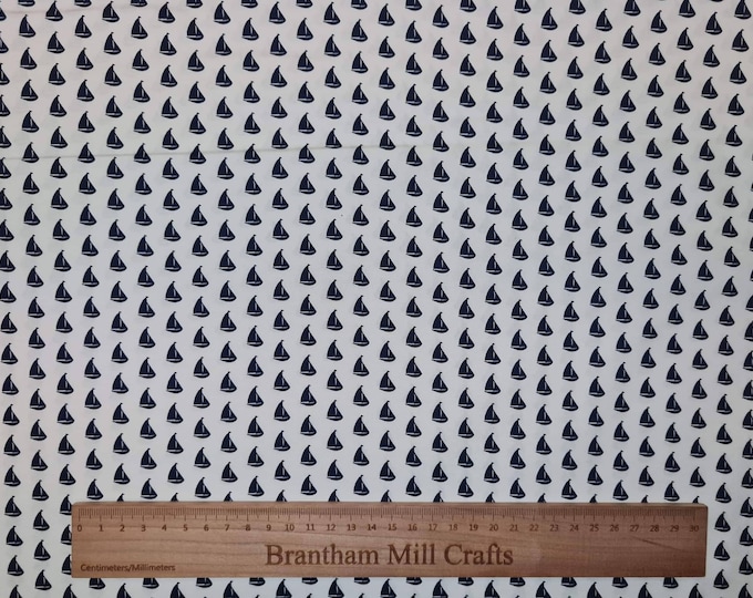 White Little Sailing Boat Print Fabric, 110cm width, 100% Cotton Poplin PER HALF METRE