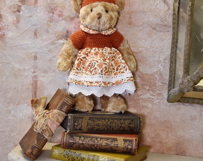 Teddy Wearing Autumnal Floral Skirt And Hand Crocheted Jumper & Hat