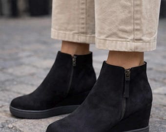 Black Ankle Boots with Wedge Heel