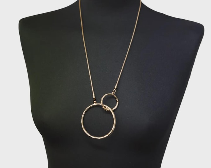 Gold Circle Pendant Necklace, Modern Geometric Necklace, Minimalist Gold Statement Necklace, Double Ring Pendant Jewelry, Long Gold Necklace