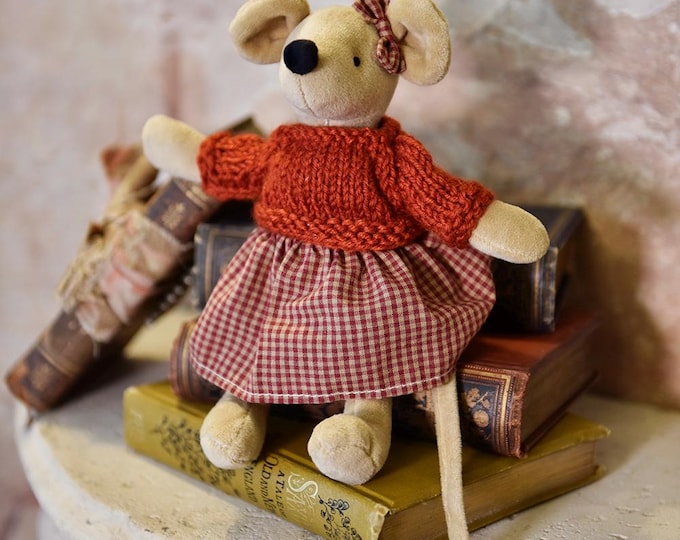 Soft Mouse With Red Gingham Skirt & Hand Knitted Jumper