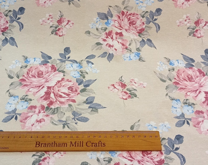 Beige Floral, half panama fabric,   linen look, 140cm width, Fabric PER HALF METRE