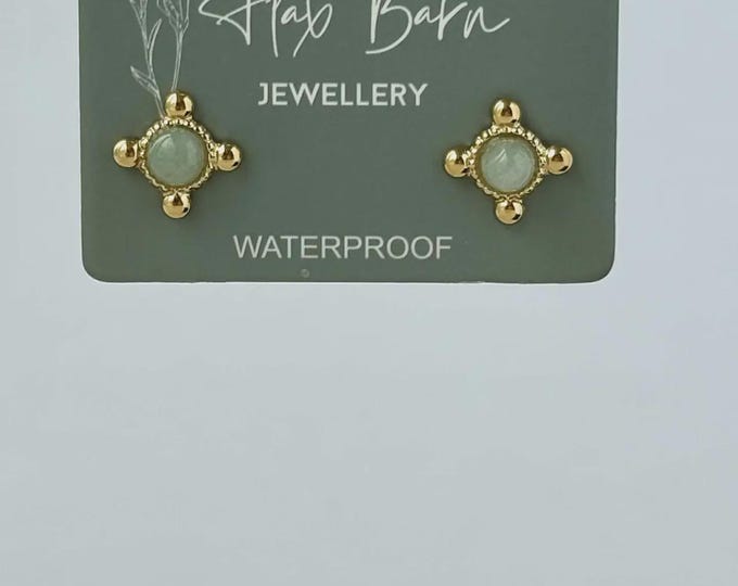 Tarnish Resistant Gold Quad Stud Earrings, Pearlescent Stone Studs, Waterproof Minimalist Earrings, Everyday Gold Jewelry Gift