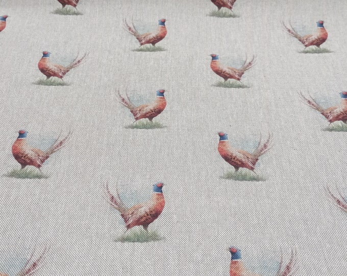 Pheasant Print Fabric, beige linen look, PER HALF METRE