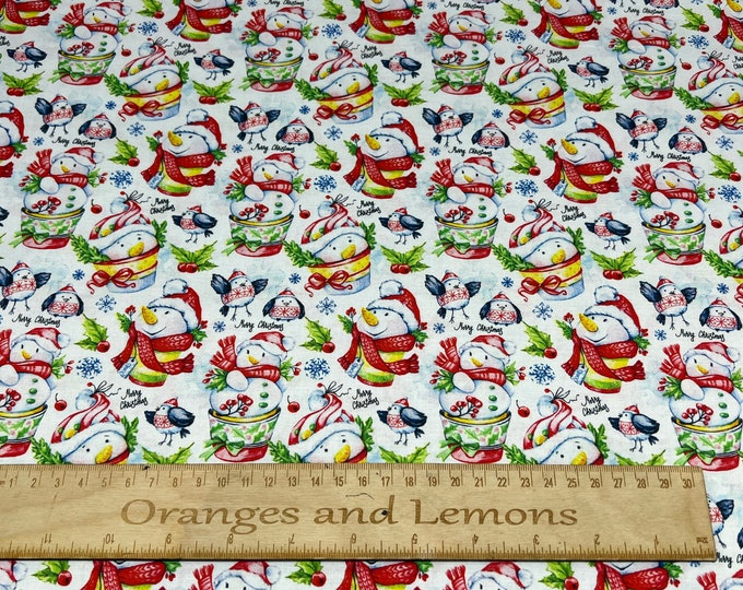 Christmas Snowman, Christmas fabric on White, 100% Cotton, 140cm width