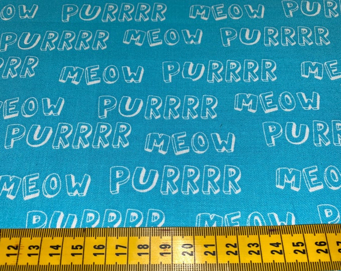 Purrr and Meow Fabric on Turquoise, Cutzie - 100% Cotton Fabric, 110cm width