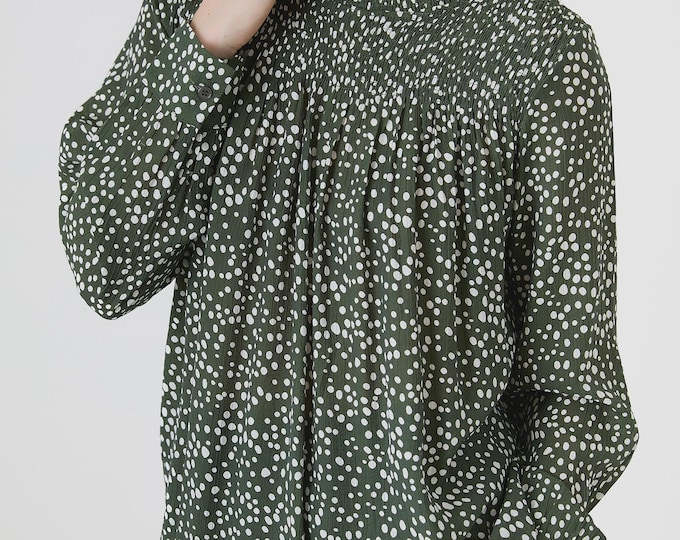 Mixed Ditsy Spot High Neck Shirred Blouse | One Size UK 10–16 | Long Sleeve Lightweight Top