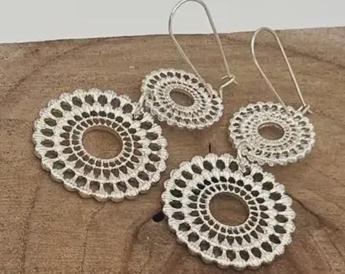 Silver Crochet Lace Earrings, Handmade Lace Dangle Earrings, Lightweight Boho Round Earrings, Crochet Jewelry, Elegant Statement Earrings