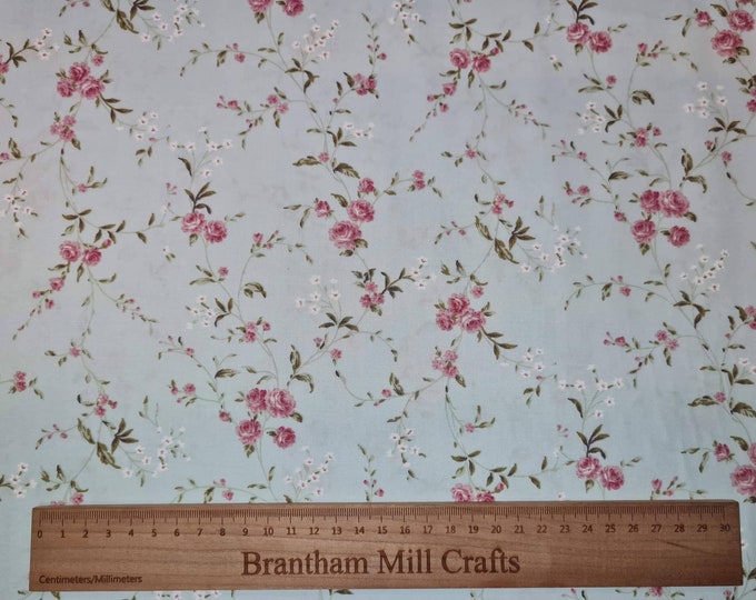 Pale Blue Floral Print Fabric, 110cm width, 100% Cotton Poplin PER HALF METRE