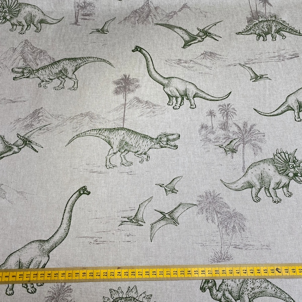 Dinosaur print fabric, linen look, 140cm width PER HALF METRE