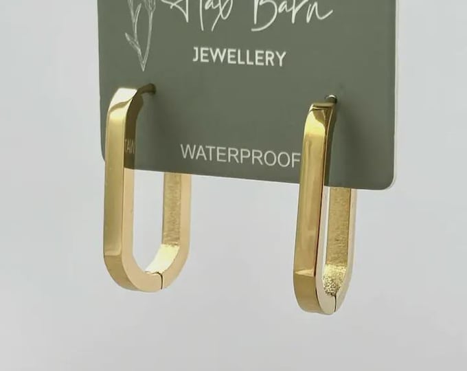 Tarnish Resistant Oblong Huggie Earrings, Gold Rectangle Hoop Earrings, Waterproof PVD Gold Plated Stainless Steel Huggies