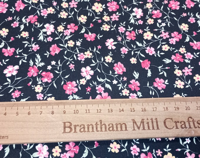 Rose & Hubble, Black Floral Fabric, 110cm width, 100% Cotton Poplin PER HALF METRE