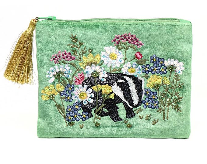 Green floral and badger embroidered velvet zip purse