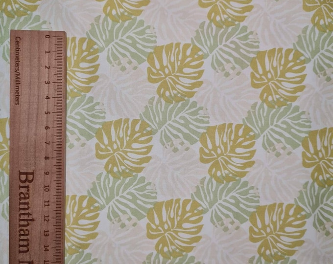 Lime Leaf Print Fabric, White, 110cm width, 100% Cotton Poplin PER HALF METRE
