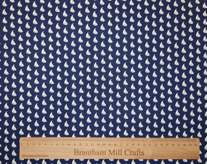 Navy Little Sailing Boat Print Fabric, 110cm width, 100% Cotton Poplin PER HALF METRE