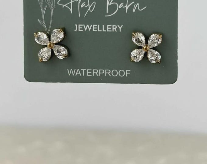 Gold Flower Zirconia Stud Earrings, Tarnish Resistant Floral Studs, PVD Gold Plated Stainless Steel Earrings, Waterproof Hypoallergenic