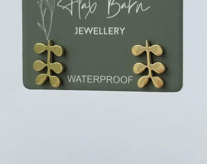 Tarnish Resistant Trailing Leaf Stud Earrings, Waterproof Gold Botanical Studs, Minimalist Nature Leaf Earrings, Everyday Jewelry Gift