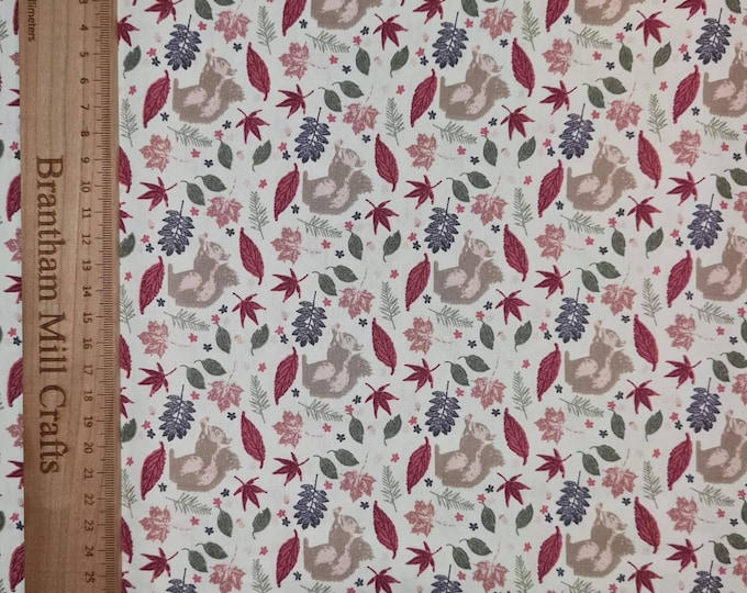 Autumn, Squirrel Print Fabric, 110cm width, 100% Cotton Poplin PER HALF METRE