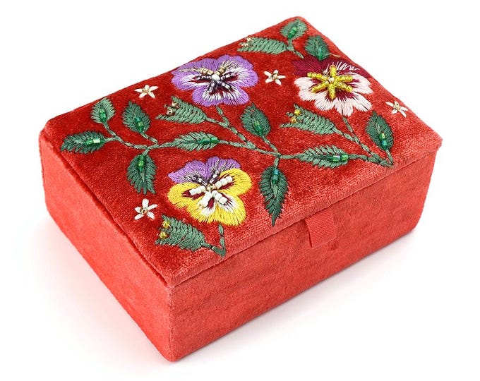 Red Floral Embroidered Jewellery Box | Velvet Ring Storage Case | Travel Jewellery Organiser | Wildflower Keepsake Box | Gift for Her