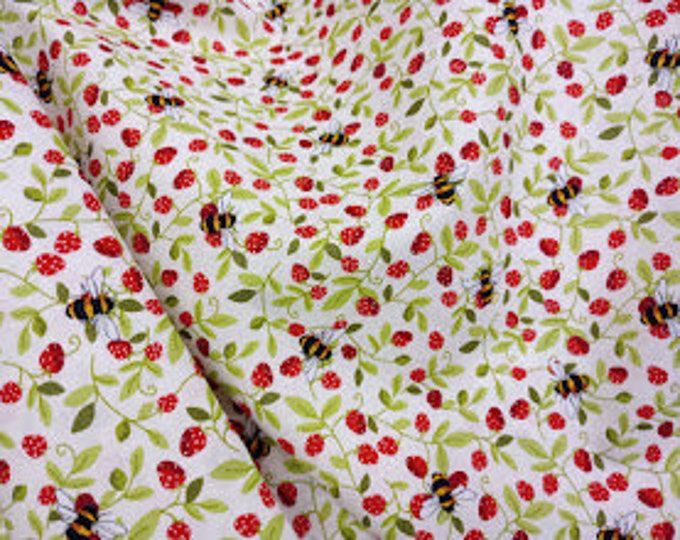 Rose & Hubble Ivory Strawberry and Bee Fabric, 110cm width, 100% Cotton Poplin PER HALF METRE