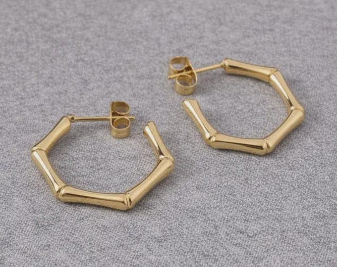 Tarnish Resistant Hexagon Hoop Earrings, Gold Geometric Stud Hoops, PVD Gold Plated Stainless Steel Earrings, Minimalist Waterproof Jewelry