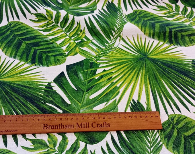 Green Palm Leaf, half panama fabric,   linen look, 140cm width, Fabric PER HALF METRE