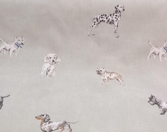 May include: Light gray fabric featuring a repeating pattern of various dog breeds in a sketched style. The dogs include a Dalmatian, terrier, poodle, and dachshund. The fabric has a soft, muted color palette.