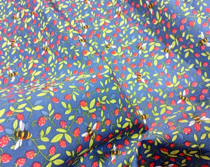 Rose & Hubble Navy Strawberry and Bee Fabric, 110cm width, 100% Cotton Poplin PER HALF METRE