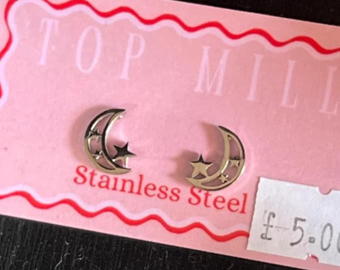 Silver Moon & Star Stud Earrings – Stainless Steel – Celestial Jewellery