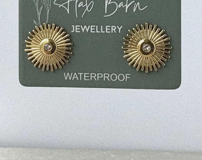 Tarnish Resistant Sunburst Zirconia Stud Earrings, Waterproof Gold Sun Studs, Celestial Starburst Earrings, Minimalist Everyday Jewelry Gift