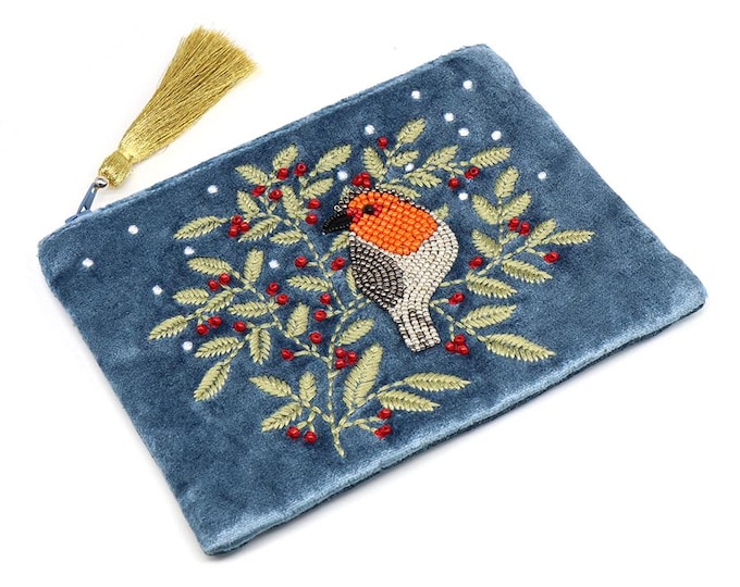 Blue Velvet Robin Zip Purse – Beaded Robin & Embroidered Holly with Gold Tassel – Winter Gift Pouch