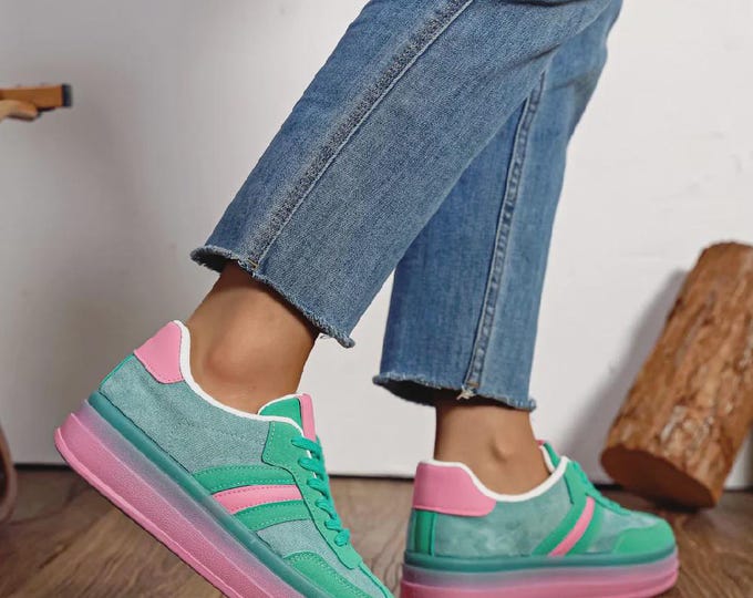 Women's Lace Up Chunky Side Detail Casual Fashion Designer Trainers in Blue & Pink
